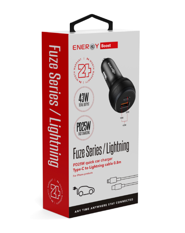 מטען רכב מהיר 43W עם כבל Lightning לאייפון – טעינה מהירה